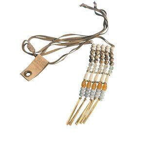 Anthropologie Semi Precious Beaded Necklace Ladder Pendant Suede Leather 33" NWT